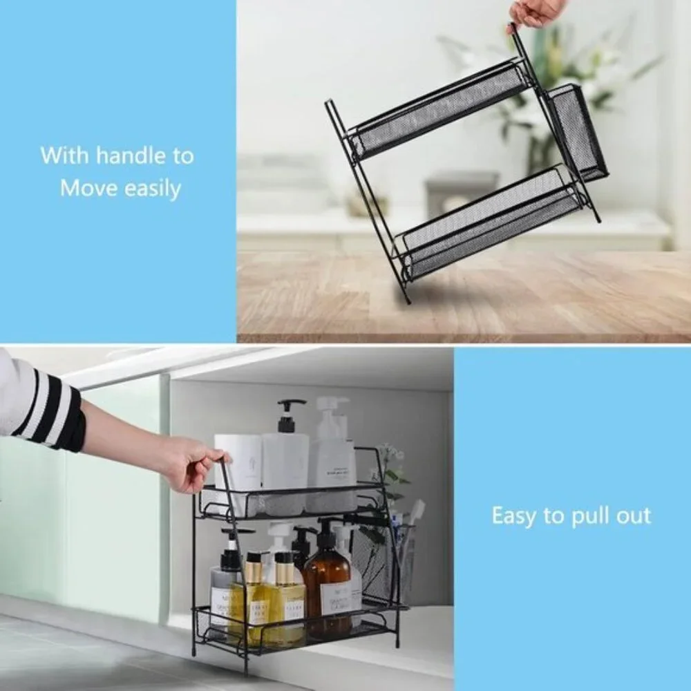 New Black Countertop Organizer, Bathroom, Bedroom & Kitchen Shelf with Basket